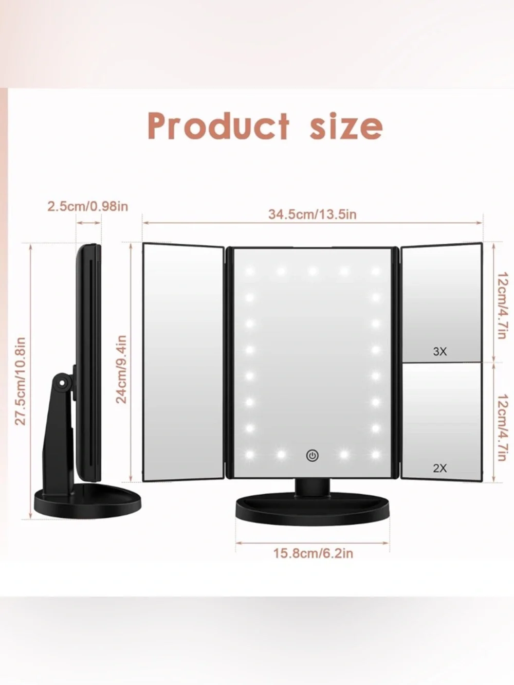 LED Magnifying USB Battery Weily Lighted Tri-Fold Makeup Mirror Adjustable Black